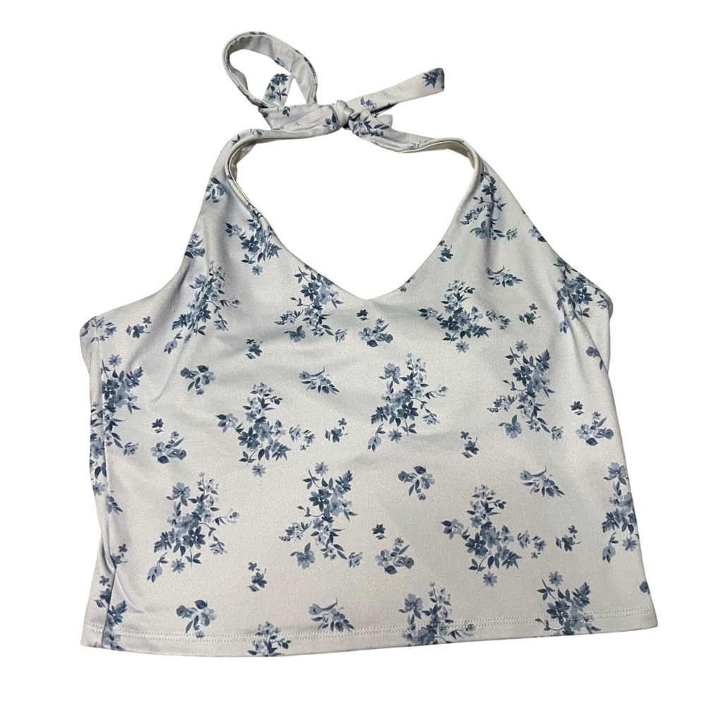 Hollister Women Blue White Floral Halter Top V-Neck Cropped Tie Neck Large
